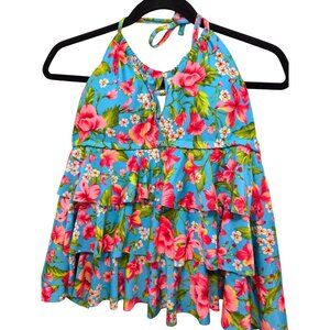 Catalina Halter Neck Floral Ruffle Bikini Top Size M 8-10 Blue/Multicolor Polyes